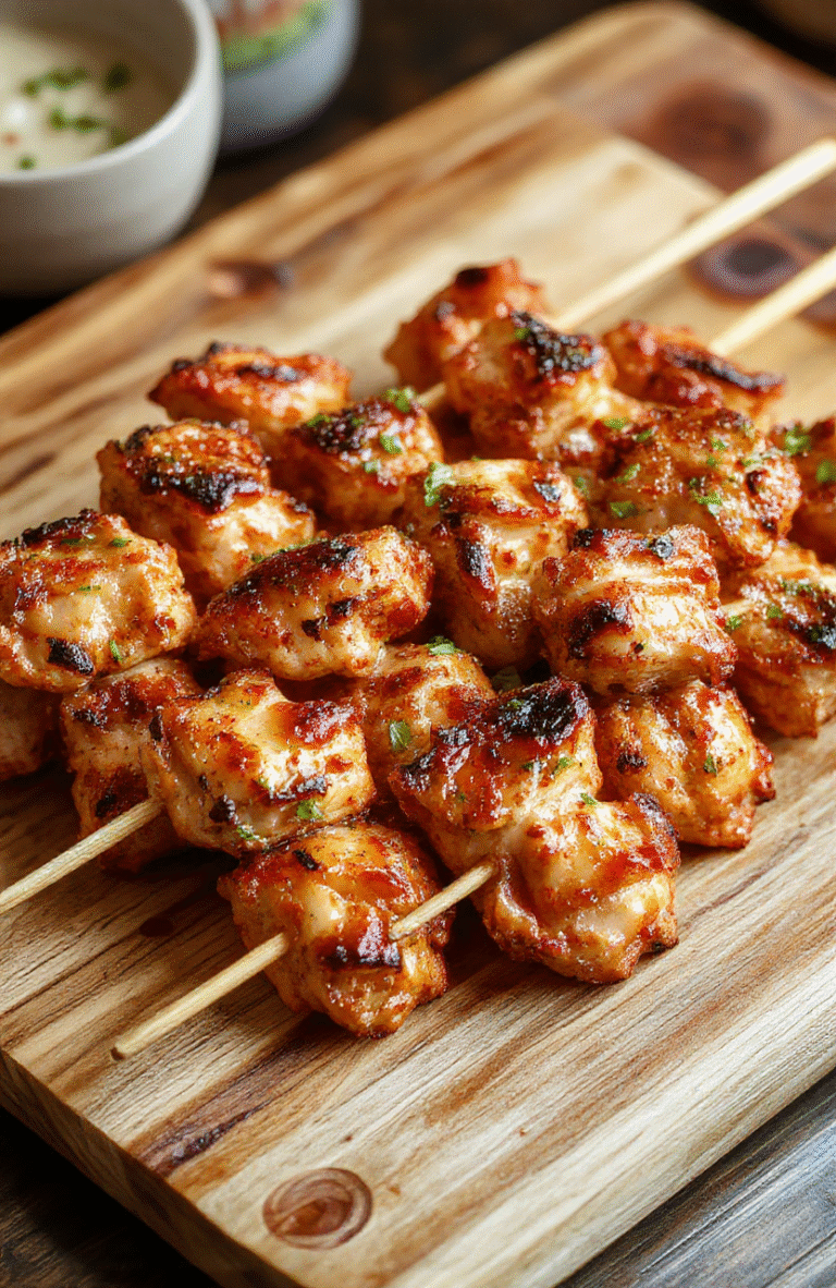 Brightly lit plate of glossy yakitori skewers with a rich caramelized glaze, sesame seeds scattered, and chopped scallions on top. Juicy chicken pieces show a tender interior and slightly charred edges, resting on a rustic wooden board with a small dish of tare glaze. The scene features warm brown tones, subtle steam, and clean Japanese tableware for a restaurant-inspired but approachable vibe.