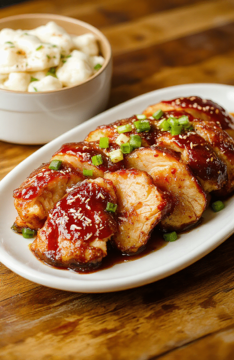 Juicy Char Siu Chicken slices with a glossy reddish glaze arranged on a white plate, sprinkled with sesame seeds and chopped scallions, served alongside fluffy white rice and steamed greens; the chicken rests on a dark wooden board with a hint of sesame oil sheen.