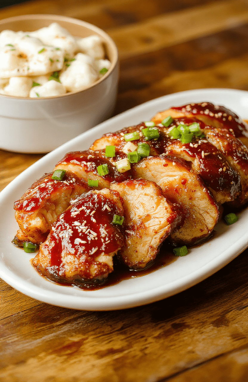 Juicy Char Siu Chicken slices with a glossy reddish glaze arranged on a white plate, sprinkled with sesame seeds and chopped scallions, served alongside fluffy white rice and steamed greens; the chicken rests on a dark wooden board with a hint of sesame oil sheen.