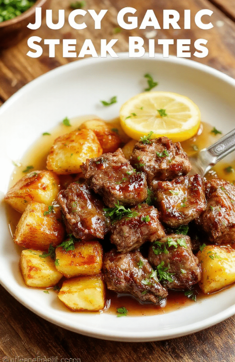 A close-up of juicy garlic steak bites plated with crispy potatoes on a white ceramic plate, garnished with chopped parsley and a lemon wedge, glossy garlic butter glaze, warm golden tones and a rustic wooden backdrop.
