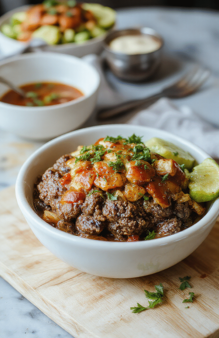 A vibrant smash burger bowl plated on a white plate with a bed of cauliflower rice, a juicy caramelized beef patty, shredded cheddar, crisp lettuce, tomato slices, avocado, and pickle chips; colors are bright and fresh with a glossy beef sheen and toasted edges; the plate sits on a rustic wooden board with a sprinkle of chopped herbs.