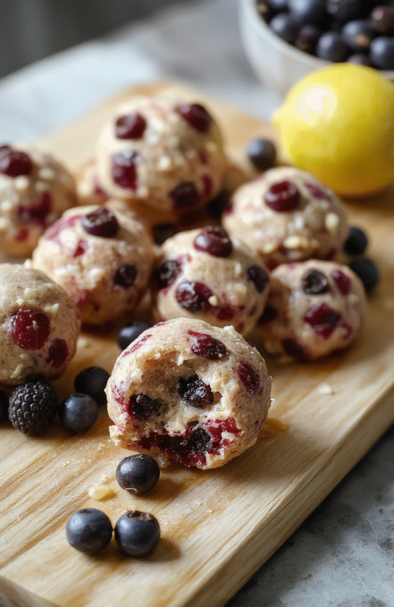 A vibrant plate of Lemon Blueberry Protein Bites sits on a light wooden board, ribbons of lemon zest scattered, tiny blueberries embedded in the bites, a light dusting of powdered sugar, and a mint leaf garnish for color and freshness.
