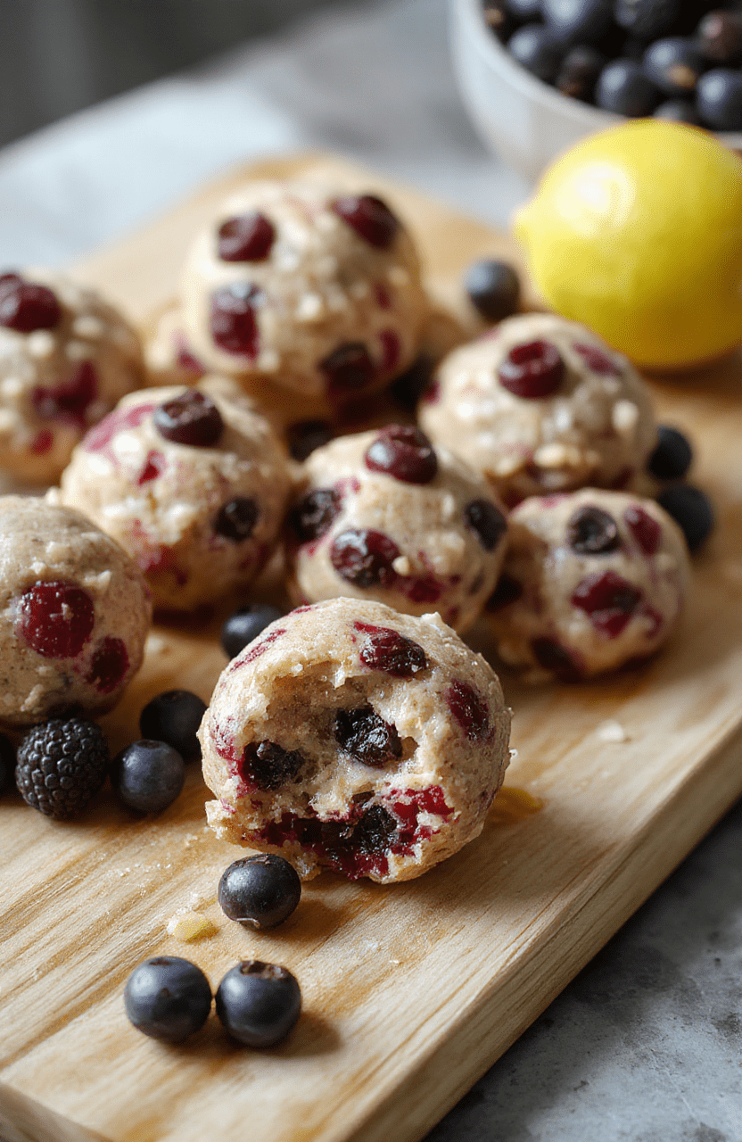 A vibrant plate of Lemon Blueberry Protein Bites sits on a light wooden board, ribbons of lemon zest scattered, tiny blueberries embedded in the bites, a light dusting of powdered sugar, and a mint leaf garnish for color and freshness.