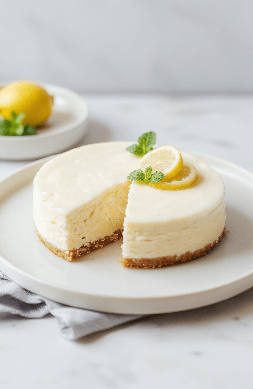 A tall, airy light Japanese cotton cheesecake on a white plate with a light dusting of powdered sugar. The creamy pale interior is visible through a clean slice, with a lemon twist and mint leaf for color. The dessert sits on a soft pastel background with a minimal, elegant presentation.