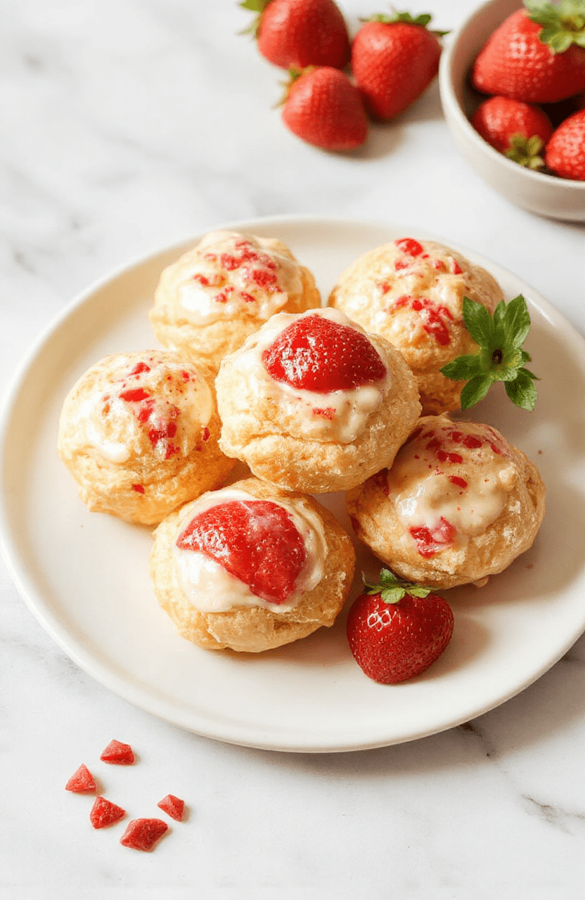 Golden-brown light choux pastry puffs arranged on a white plate, sliced to show pale pink strawberry cream filling, dusted with powdered sugar, with fresh strawberry slices for garnish and a soft marble background