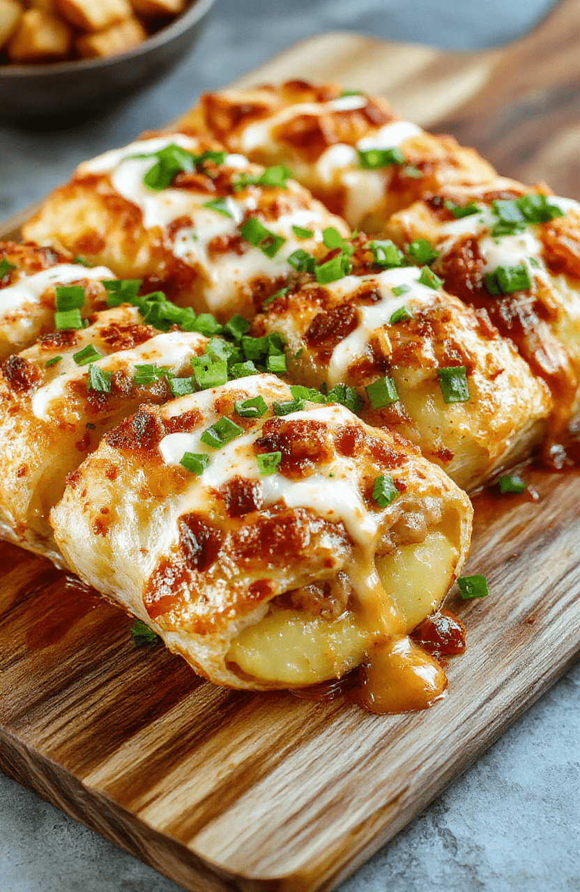 Loaded Cheesy Potato Burritos plated on a wooden board with gooey melted cheddar spilling from a warm flour tortilla, diced potatoes, green onions, and a dollop of sour cream, styled simply with a sprinkle of chives; warm, inviting, and colorful with golden browns and bright greens.