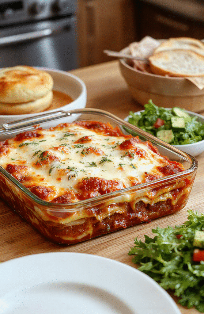 A bubbling, multi-layer Million Dollar Lasagna sits in a glass baking dish on a rustic wooden table. The top is a golden cheese crust with hints of red marinara and green parsley. A slice is plated next to a simple salad; the dish looks hearty, comforting, and family-friendly.