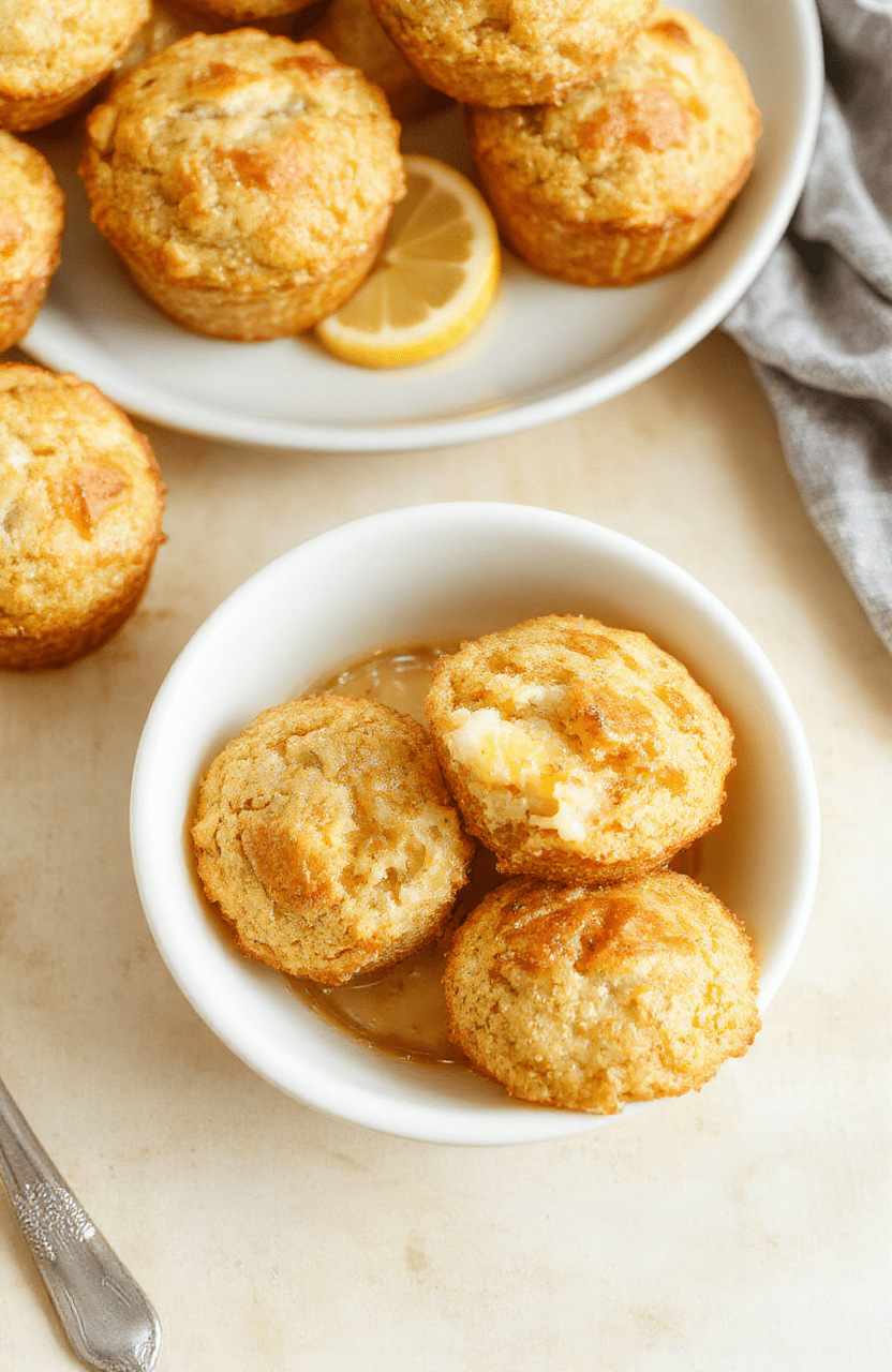 Golden lemon yogurt muffins with bright zest on a white plate, crumbly tops and a soft crumb, set on a rustic light wood surface with a hint of lemon slices in the background.