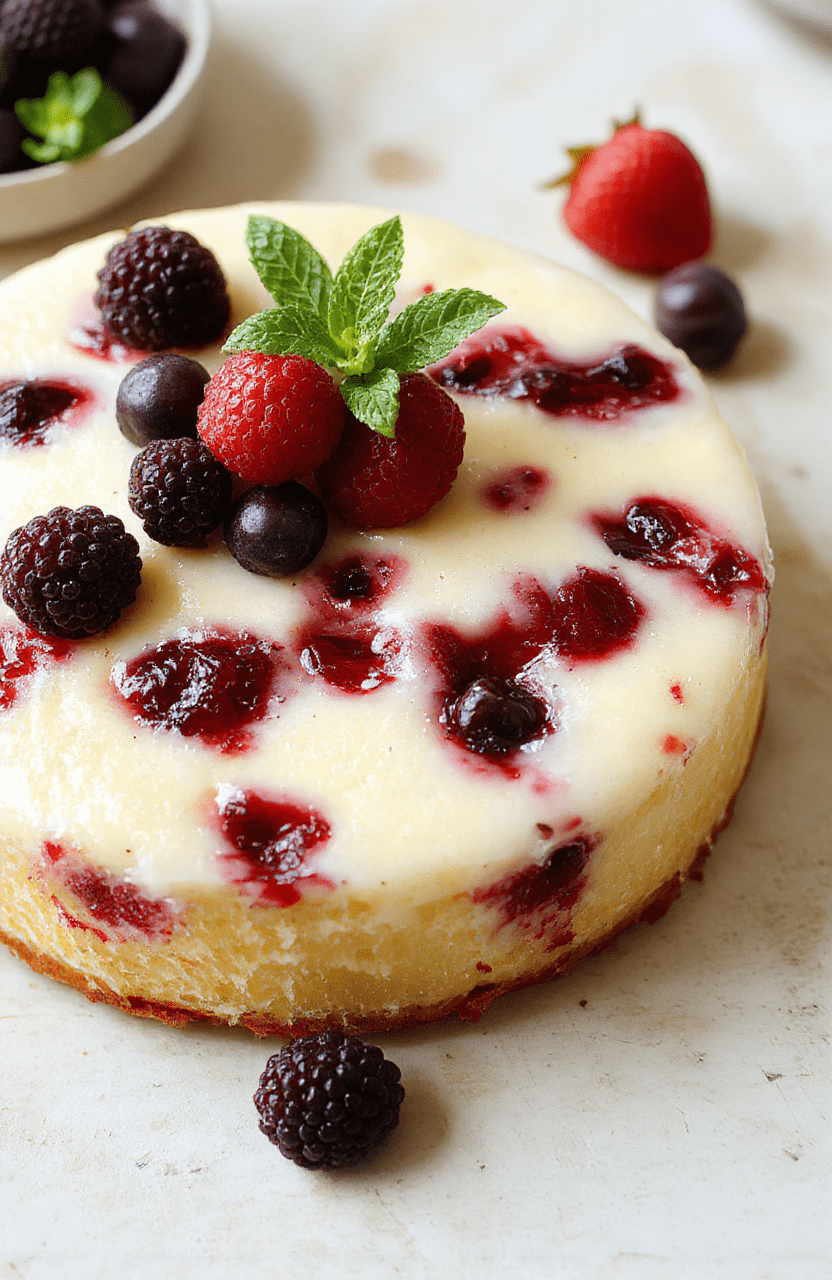 A pale, moist yogurt cake slice on a white ceramic plate with a light dusting of sugar substitute, lemon zest on top, accompanied by fresh berries and a sprig of mint, plated on a rustic wooden board with soft, natural light.