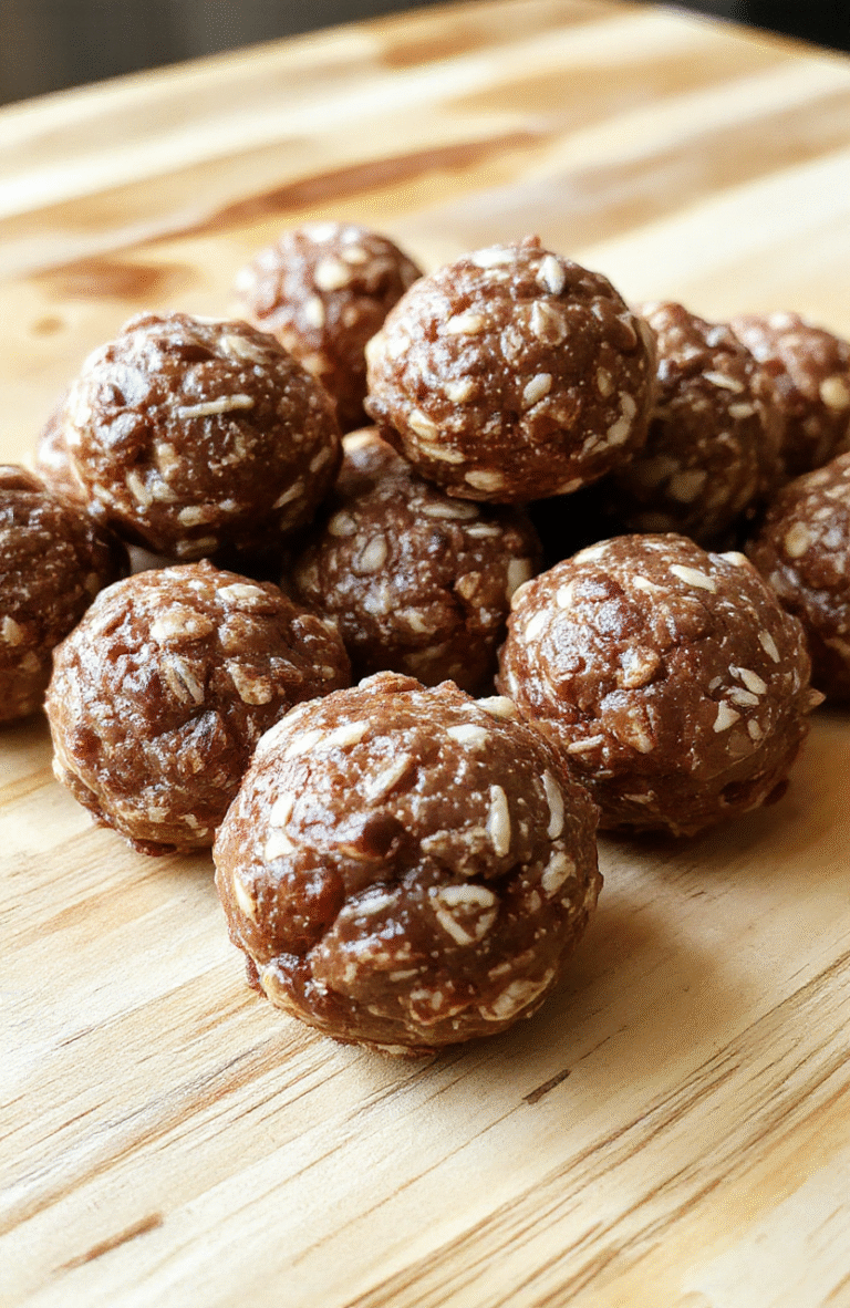 Golden brown no-bake protein balls on a light marble board, lightly rolled in shredded coconut and sesame seeds. Surrounding elements include almonds, chia seeds, a drizzle of honey, and a small bowl of peanut butter for color and texture, with bright, minimal kitchen styling.