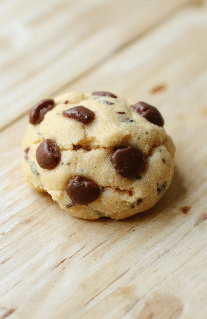 A bowl of pale creamy edible cookie dough dotted with dark chocolate chips sits in a small white dish on a light wood board. The dough is glossy and smooth, with a few chips scattered around and a pinch of flaky sea salt on top. A spoon rests nearby, and the background features soft kitchen lighting and a rustic, homey vibe.
