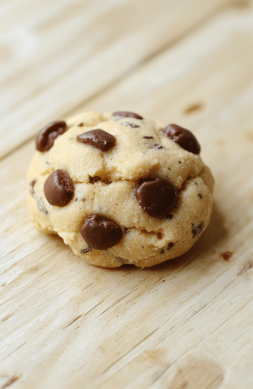 A bowl of pale creamy edible cookie dough dotted with dark chocolate chips sits in a small white dish on a light wood board. The dough is glossy and smooth, with a few chips scattered around and a pinch of flaky sea salt on top. A spoon rests nearby, and the background features soft kitchen lighting and a rustic, homey vibe.
