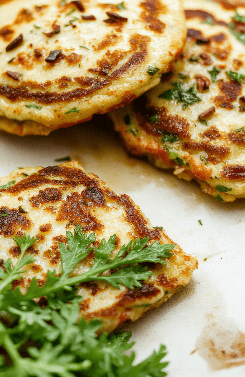 A stack of golden brown veggie pancakes with visible zucchini shreds and carrot specks, topped with fresh herbs, lemon wedges on the side, and a dollop of yogurt; served on a rustic wooden board with light drizzle of olive oil, steam rising, inviting and colorful.