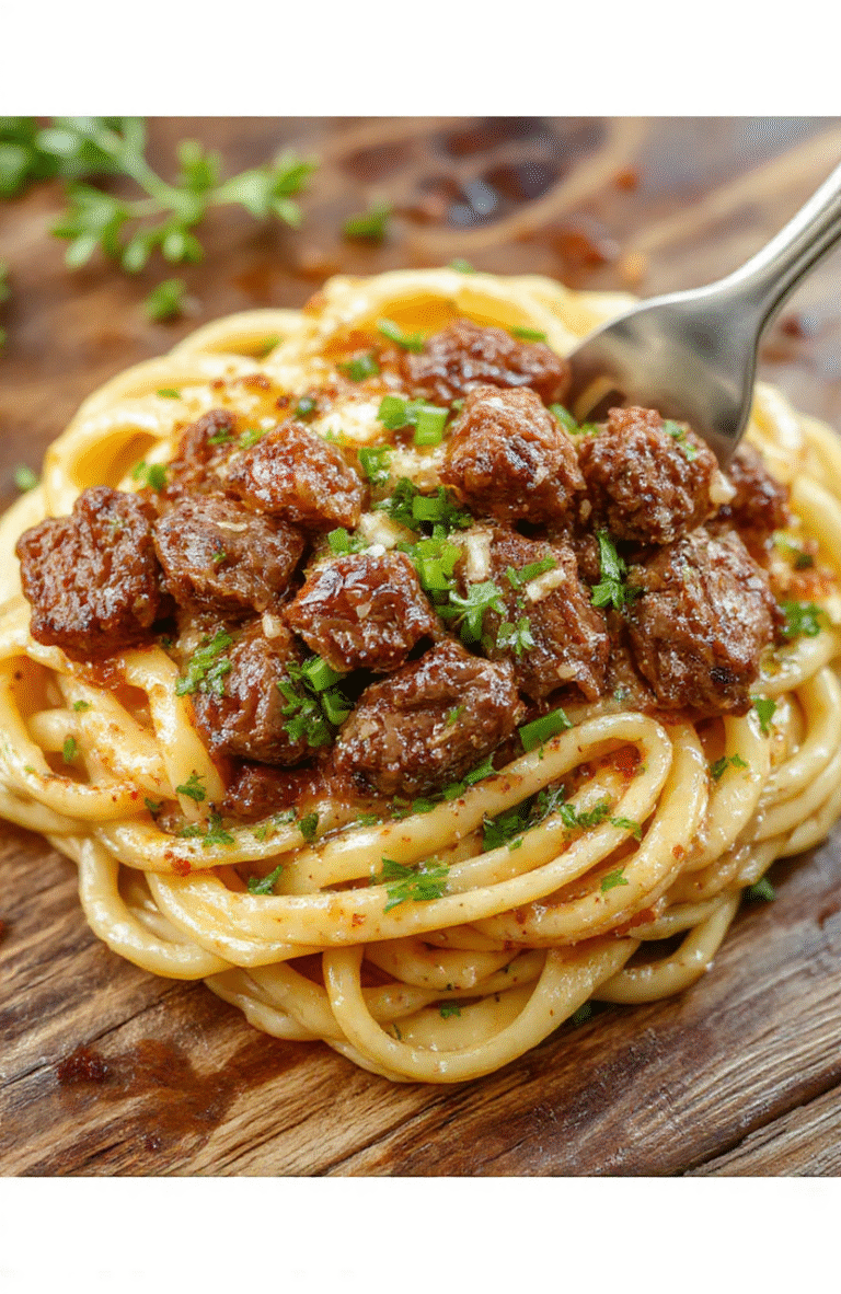 A steaming skillet of savory beef and garlic pasta with browned ground beef, al dente spaghetti, tomato sauce, and a dusting of parmesan, garnished with chopped parsley on a rustic ceramic plate against a wooden table.