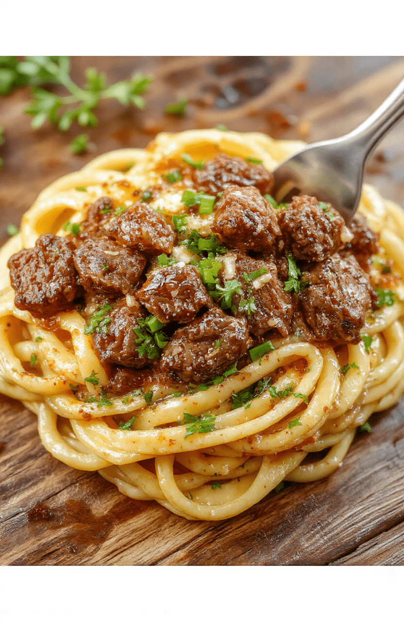 A steaming skillet of savory beef and garlic pasta with browned ground beef, al dente spaghetti, tomato sauce, and a dusting of parmesan, garnished with chopped parsley on a rustic ceramic plate against a wooden table.