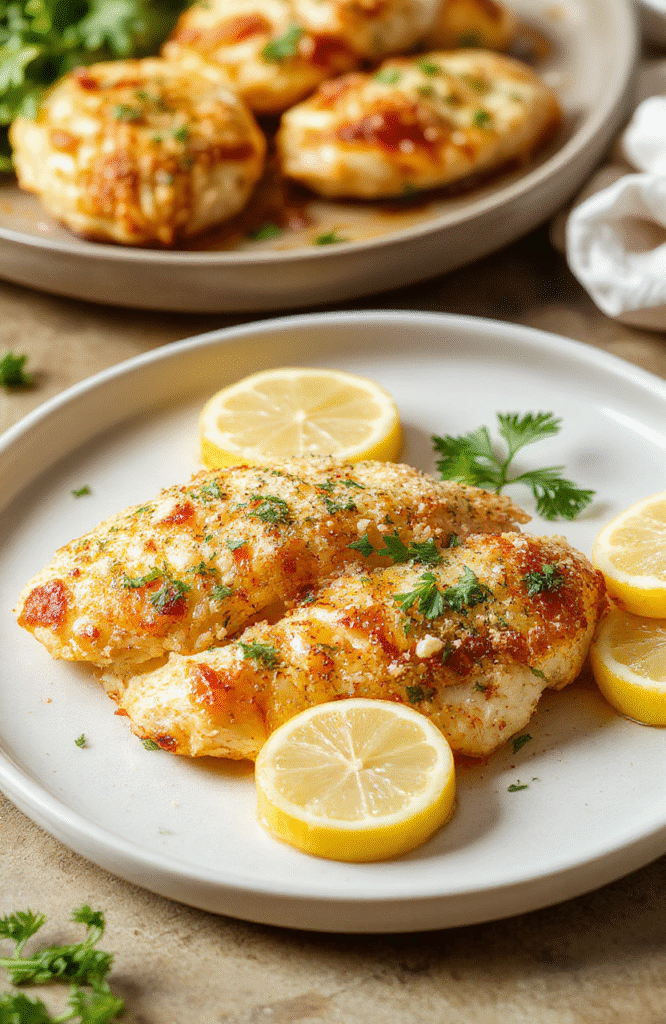 A golden parmesan crusted chicken breast rests on a white plate, garnished with chopped parsley and a lemon wedge, with roasted vegetables in the background and a warm, inviting atmosphere.