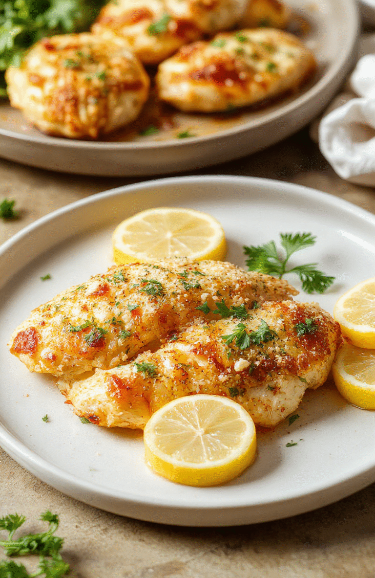 A golden parmesan crusted chicken breast rests on a white plate, garnished with chopped parsley and a lemon wedge, with roasted vegetables in the background and a warm, inviting atmosphere.