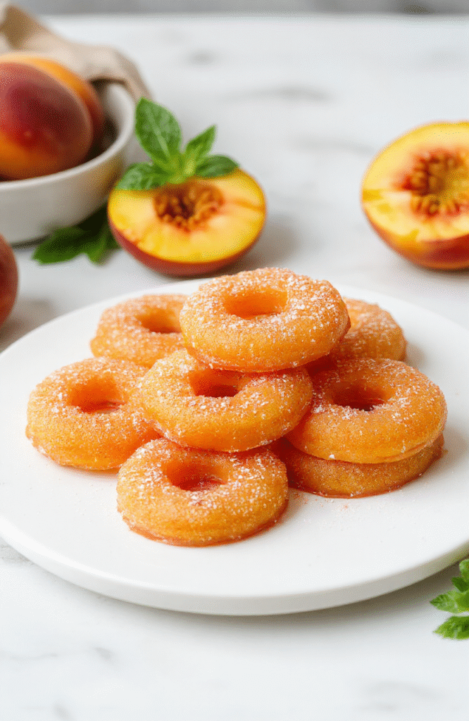 Bright peach gummy rings plated on a white ceramic dish, glossy orange-pink rings, peach slices and a light dusting of sugar, mint leaf garnish, soft natural light, clean rustic table.