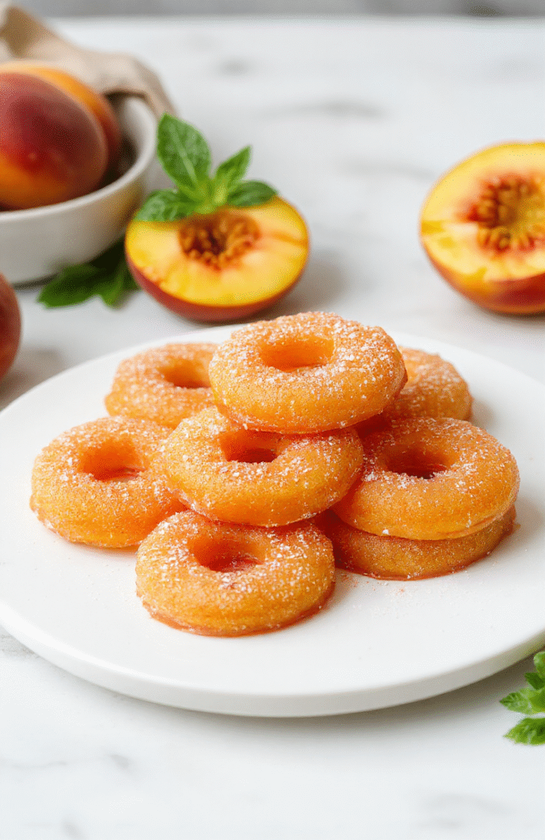 Bright peach gummy rings plated on a white ceramic dish, glossy orange-pink rings, peach slices and a light dusting of sugar, mint leaf garnish, soft natural light, clean rustic table.