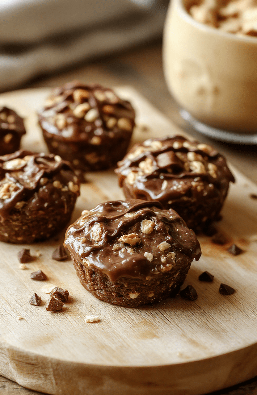 Three glossy no bake peanut butter oat cups sit on a light wooden board, showing creamy peanut butter centers with visible oats and a hint of chocolate drizzle. The cups have a natural, homemade texture and are framed by a clean, bright kitchen setting with soft shadows and warm lighting.