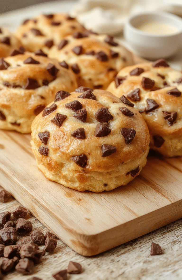 A stack of fluffy, pale-golden Soft Chocolate Chip Milk Buns on a light wooden board, with melted chocolate chips visible, a light dusting of powdered sugar, and a glass of milk nearby; warm natural light highlights the tender crumb and glossy tops, creating a cozy breakfast mood.