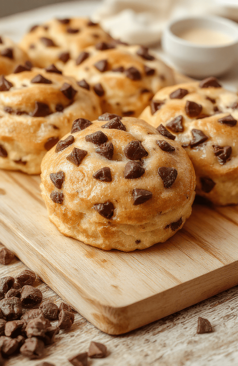 A stack of fluffy, pale-golden Soft Chocolate Chip Milk Buns on a light wooden board, with melted chocolate chips visible, a light dusting of powdered sugar, and a glass of milk nearby; warm natural light highlights the tender crumb and glossy tops, creating a cozy breakfast mood.
