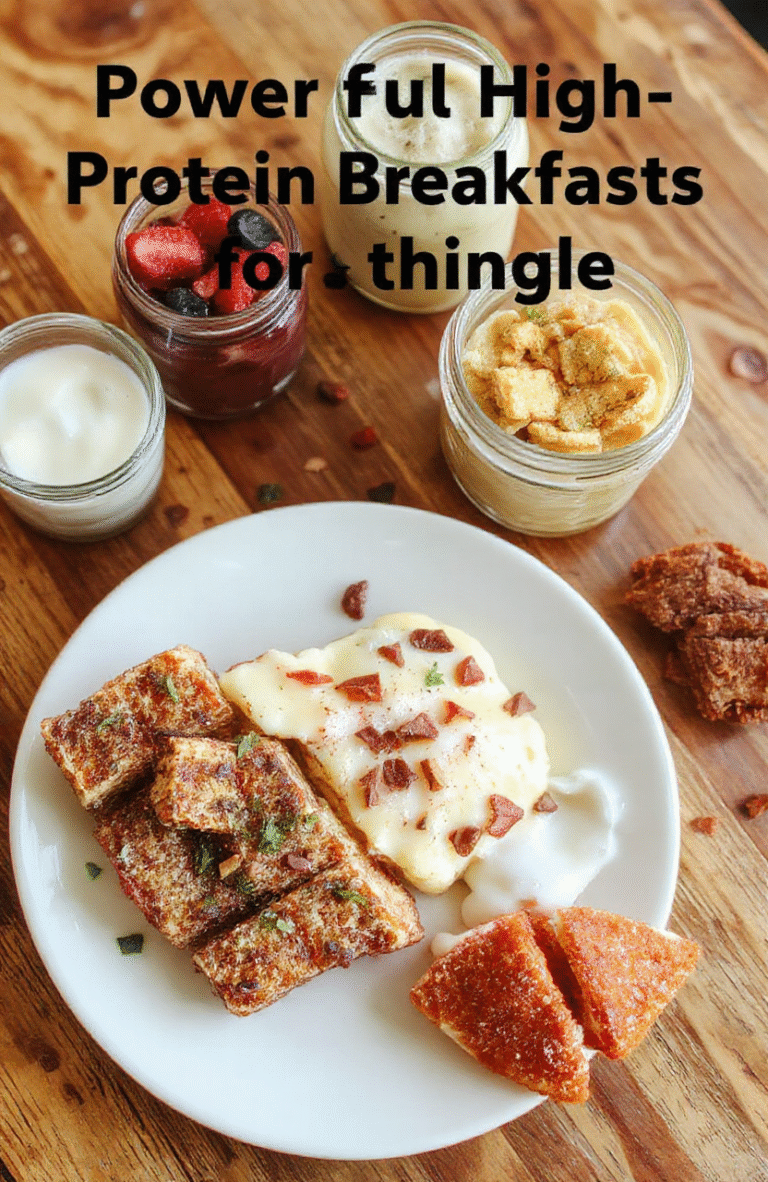 A bright morning spread featuring protein-packed overnight oats topped with berries, a layered yogurt parfait, and a veggie egg muffin cup on a rustic wooden board, with almonds and honey drizzle, all styled simply.