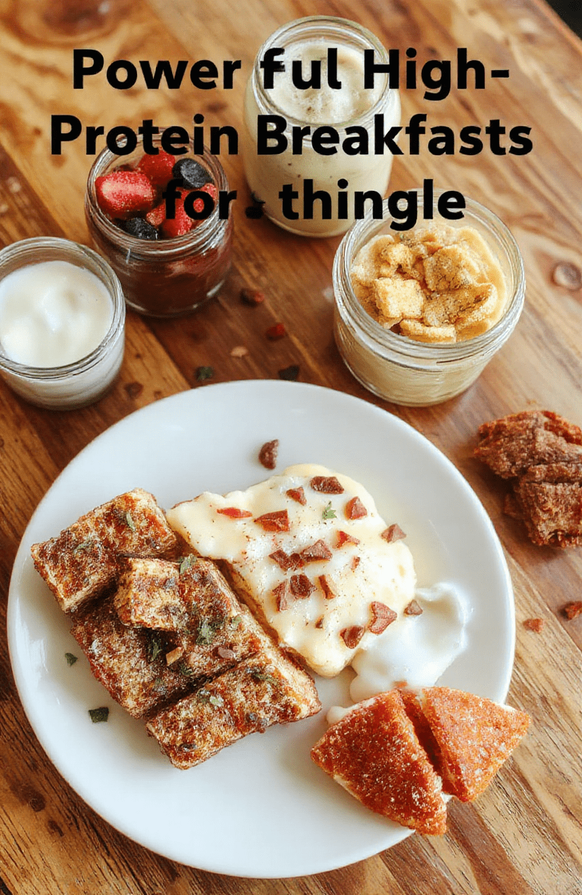 A bright morning spread featuring protein-packed overnight oats topped with berries, a layered yogurt parfait, and a veggie egg muffin cup on a rustic wooden board, with almonds and honey drizzle, all styled simply.