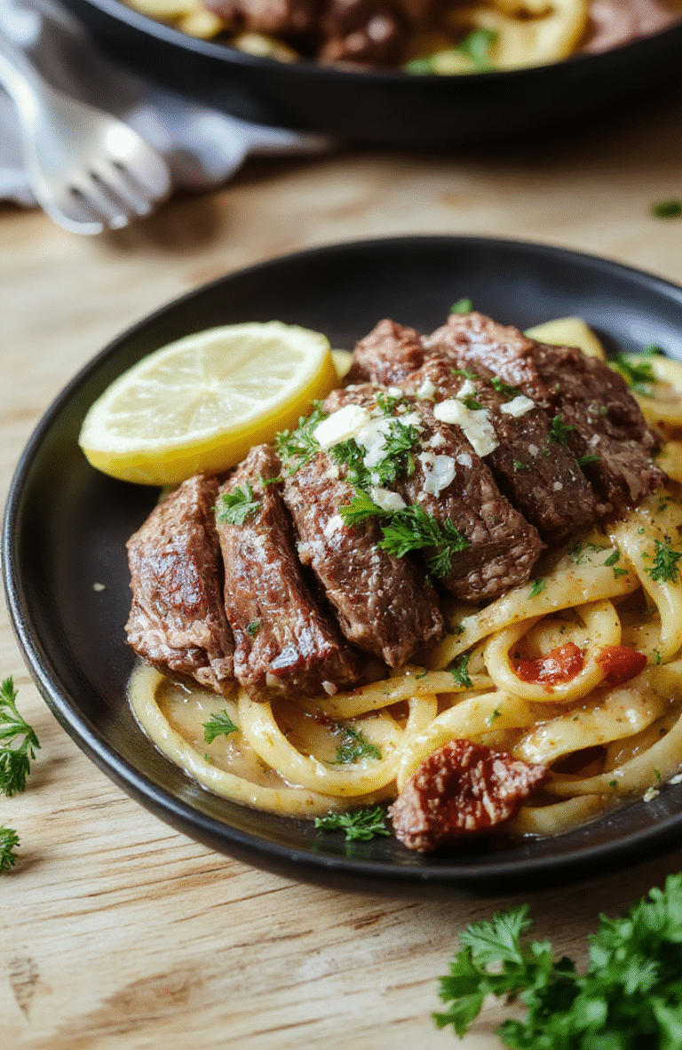 A glossy plate of seared garlic butter steak pasta with thinly sliced steak, al dente spaghetti, and a silky garlic butter sauce, topped with parmesan curls and chopped parsley, lemon wedge on the side, warm golden browns, creamy sauce, and a rustic wooden table.