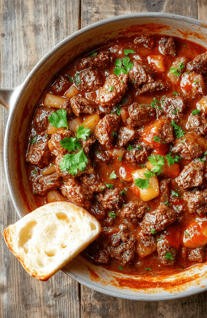 A close up image of a sizzling skillet filled with browned ground beef, onions, peppers, and garlic in a rich tomato sauce. The beef forms a caramelized crust, garnished with chopped parsley. The dish is plated in a rustic black skillet on a wooden table, with a side of crusty bread and a sprinkle of cheese for contrast.