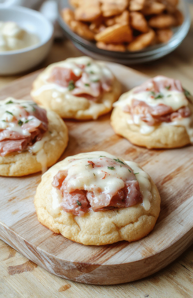 A cluster of golden-brown Savory Ham and Cheese Cookies on parchment, with visible ham and cheddar bits, garnished with light chives. Cookies are arranged on a rustic slate board beside a small dish of mustard; warm lighting highlights the buttery texture and crisp edges.