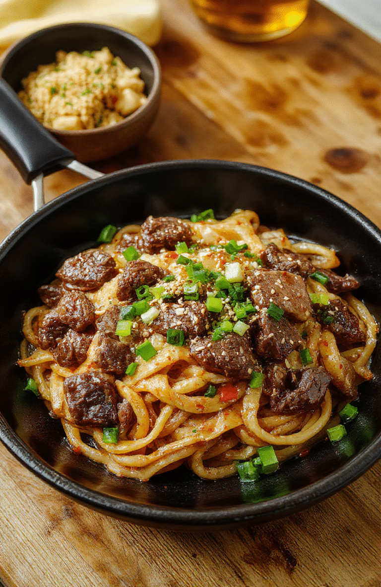 A glossy wok of savory Mongolian beef glazed in a rich brown sauce sits atop chewy noodles, garnished with sliced scallions and sesame seeds. The beef is thinly sliced and tender, with a hint of garlic and ginger visible. Noodles soak up the glossy sauce, and a few red pepper flakes add a pop of color. The scene is plated simply on a white bowl against a warm, rustic wooden backdrop with steam lightly rising.