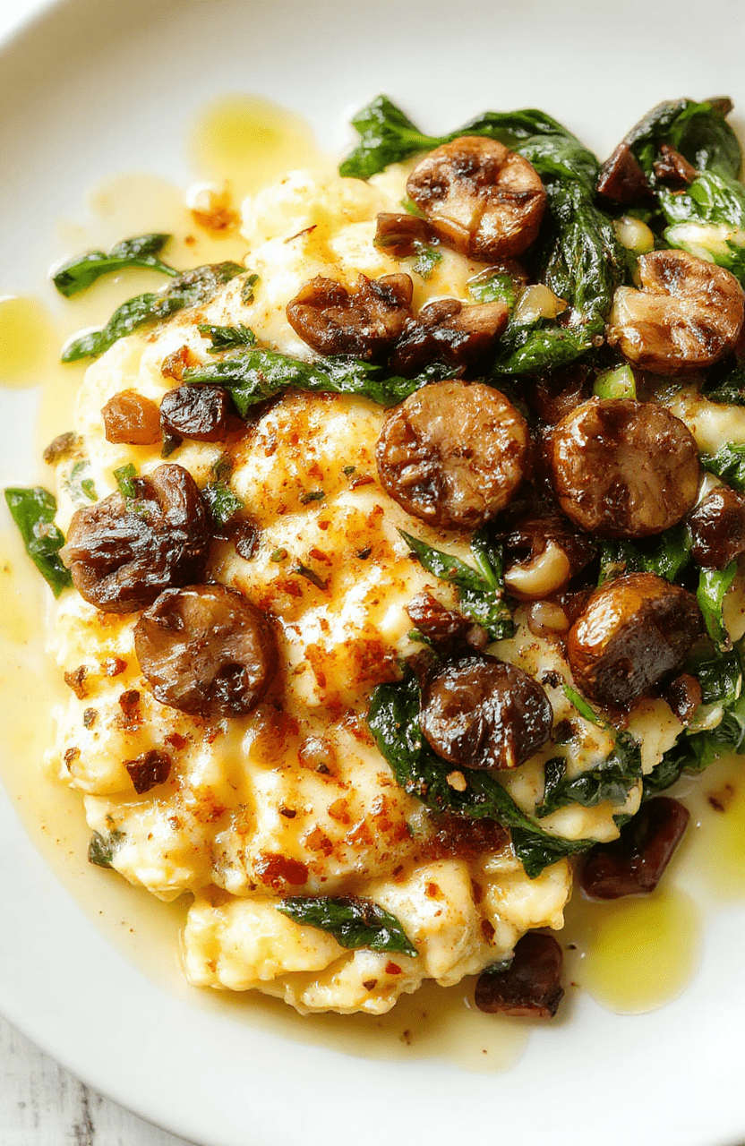 A bright white plate holds fluffy scrambled eggs with sautéed mushrooms and wilted spinach, lightly seasoned and garnished with green chives. The scene features a rustic wooden background and natural morning light highlighting the creamy texture and earthy colors of mushrooms, spinach, and eggs.