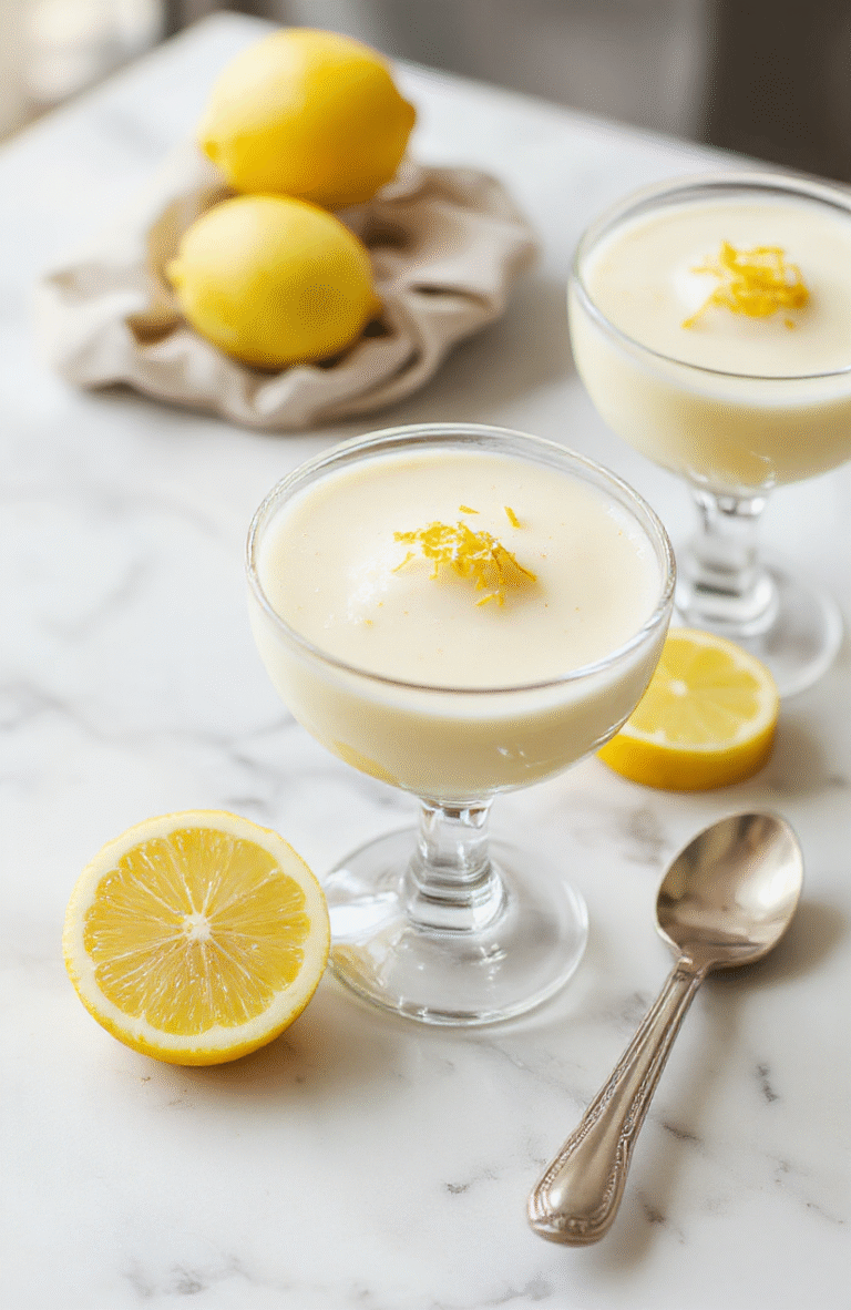 Close-up of a silky pale lemon posset in a clear glass dessert cup, topped with bright lemon zest. The creamy custard glistens under natural daylight on a white marble surface, with a lemon wedge and a sprig of mint nearby. The simple presentation highlights the smooth texture, lightly glossy surface, and clean, elegant styling.