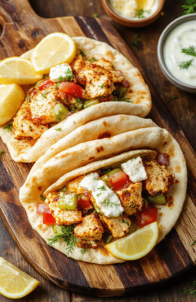 Golden-brown shredded chicken tucked into warm pita pockets, topped with crisp cucumber, tomato, red onion, and feta, drizzled with tzatziki; lemon wedges and dill garnish on a rustic wooden board.