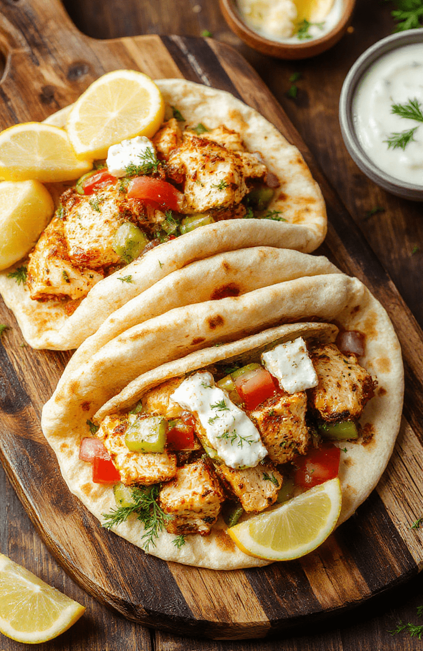 Golden-brown shredded chicken tucked into warm pita pockets, topped with crisp cucumber, tomato, red onion, and feta, drizzled with tzatziki; lemon wedges and dill garnish on a rustic wooden board.