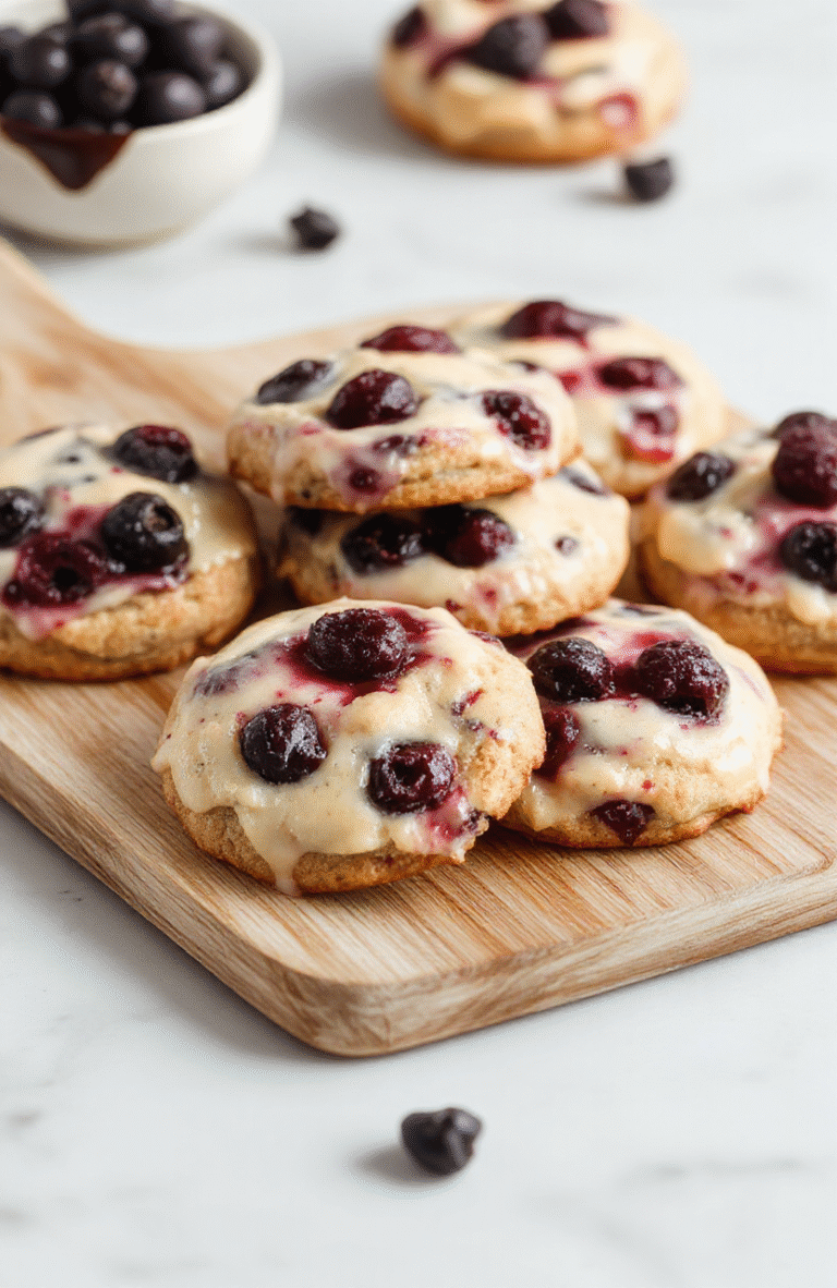 Soft Blueberry Cheesecake Cookies on a light wooden platter with a dusting of powdered sugar, creamy centers and blueberries visible, golden edges, and a few berries for garnish, on a neutral backdrop
