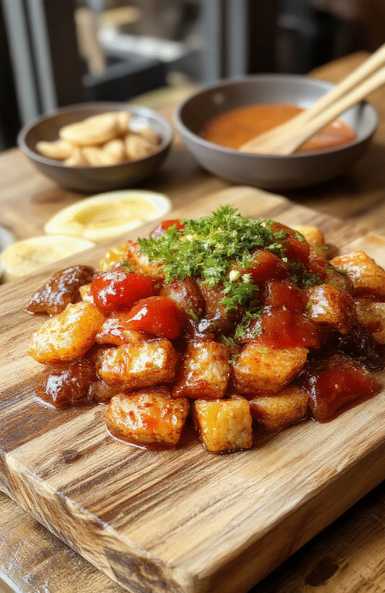 A glossy bowl of spicy tteokbokki featuring chewy rice cakes in a vibrant red gochujang sauce, with slices of fish cake, chopped scallions, sesame seeds, and a sesame oil drizzle, plated on a dark wooden surface with a sprinkle of chili flakes and sesame; fresh garnish and steam rising.