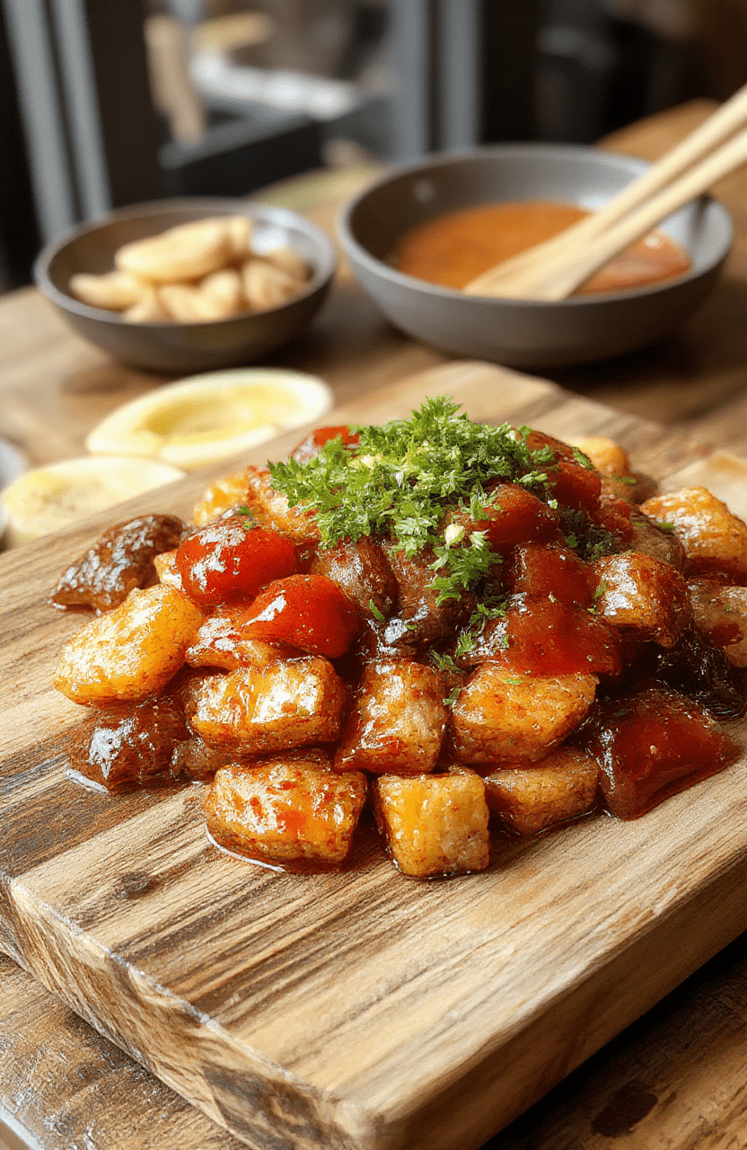 A glossy bowl of spicy tteokbokki featuring chewy rice cakes in a vibrant red gochujang sauce, with slices of fish cake, chopped scallions, sesame seeds, and a sesame oil drizzle, plated on a dark wooden surface with a sprinkle of chili flakes and sesame; fresh garnish and steam rising.