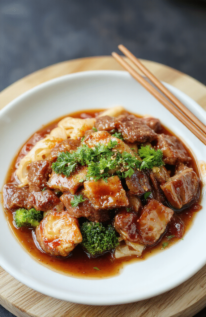 A glossy plate of easy sticky beef noodles sits on a warm wooden table. Thin beef strips glisten in a caramel sauce, tossed with glossy noodles and bright broccoli florets. Sprigs of scallions and sesame seeds add color, while a side bowl of extra sauce and a pair of chopsticks complete the comforting dinner scene.