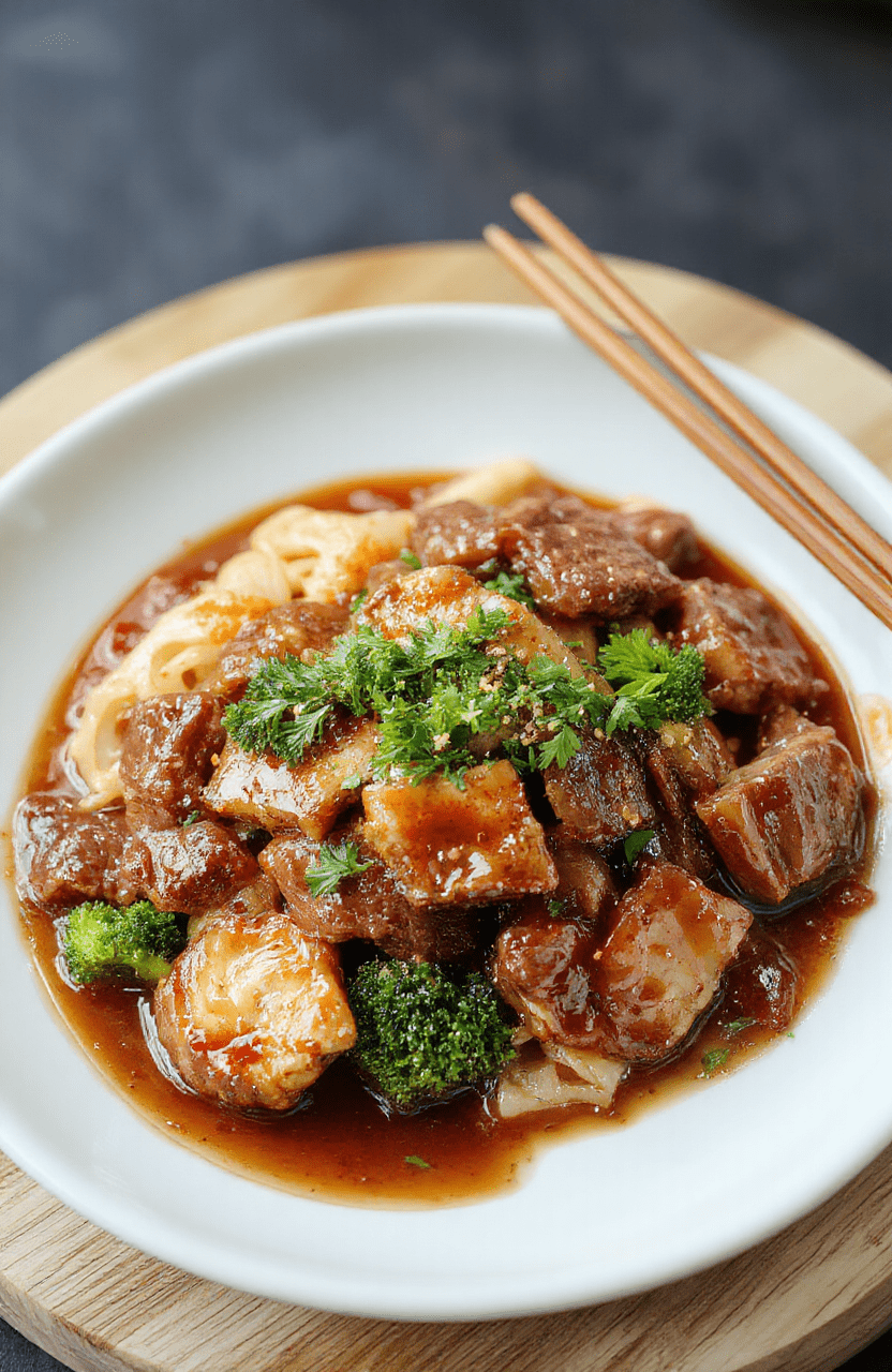 A glossy plate of easy sticky beef noodles sits on a warm wooden table. Thin beef strips glisten in a caramel sauce, tossed with glossy noodles and bright broccoli florets. Sprigs of scallions and sesame seeds add color, while a side bowl of extra sauce and a pair of chopsticks complete the comforting dinner scene.