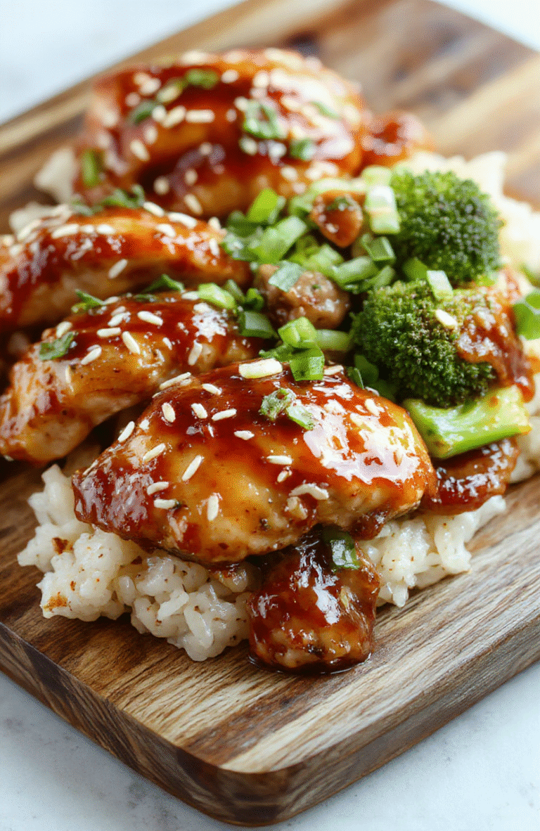 A glossy plate of sticky honey garlic chicken glazed with caramelized sauce, garnished with sesame seeds and sliced green onions, served over white rice with broccoli on a wooden board.