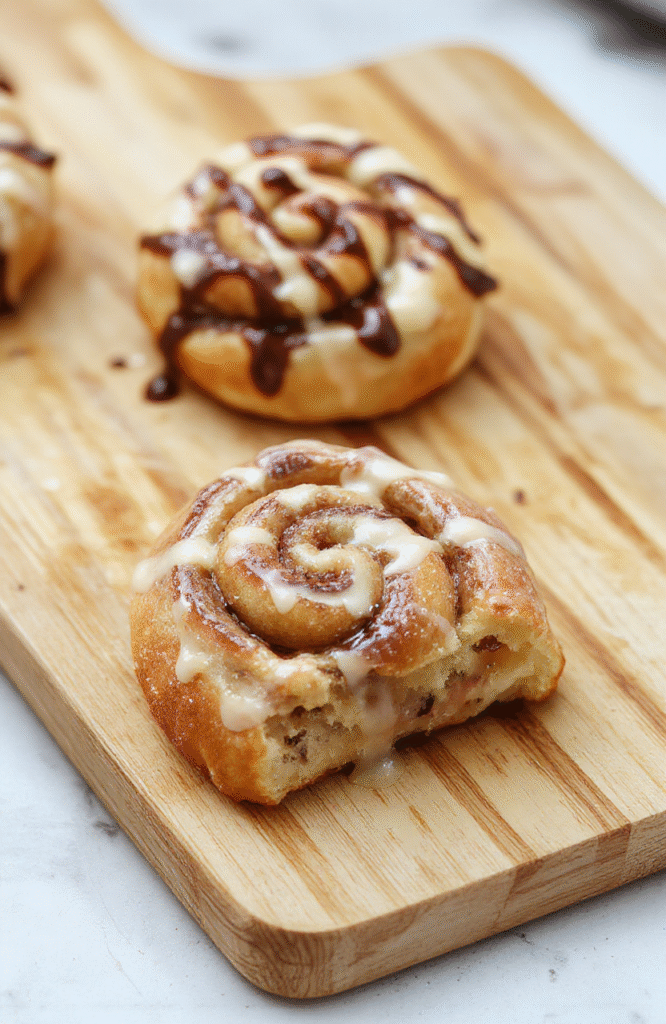 Golden brown snail shaped pastries with cinnamon swirl on a white plate, drizzled with a light sugar glaze, arranged on a rustic wooden board with a cup of coffee nearby; flaky layers, buttery filling, warm cinnamon tones, natural daylight.