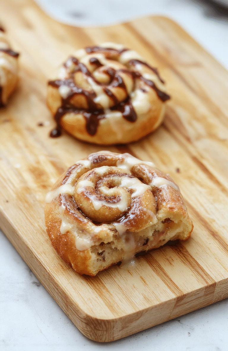 Golden brown snail shaped pastries with cinnamon swirl on a white plate, drizzled with a light sugar glaze, arranged on a rustic wooden board with a cup of coffee nearby; flaky layers, buttery filling, warm cinnamon tones, natural daylight.