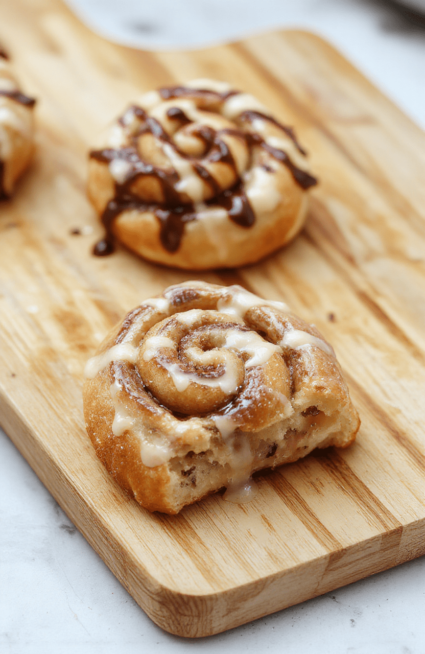Golden brown snail shaped pastries with cinnamon swirl on a white plate, drizzled with a light sugar glaze, arranged on a rustic wooden board with a cup of coffee nearby; flaky layers, buttery filling, warm cinnamon tones, natural daylight.