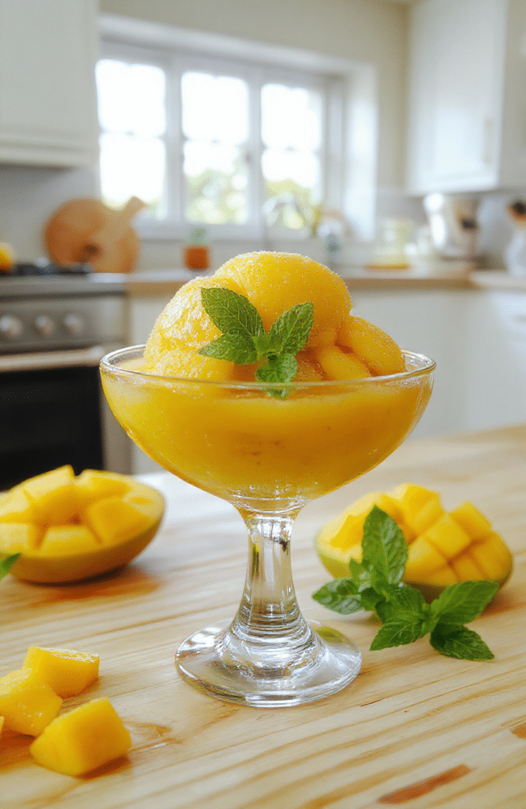 Bright mango sorbet in a clear glass bowl on a light wooden board, with fresh mango chunks and a mint leaf. The sorbet is vibrant orange, silky, and scoop-ready, set against a clean, summery backdrop.