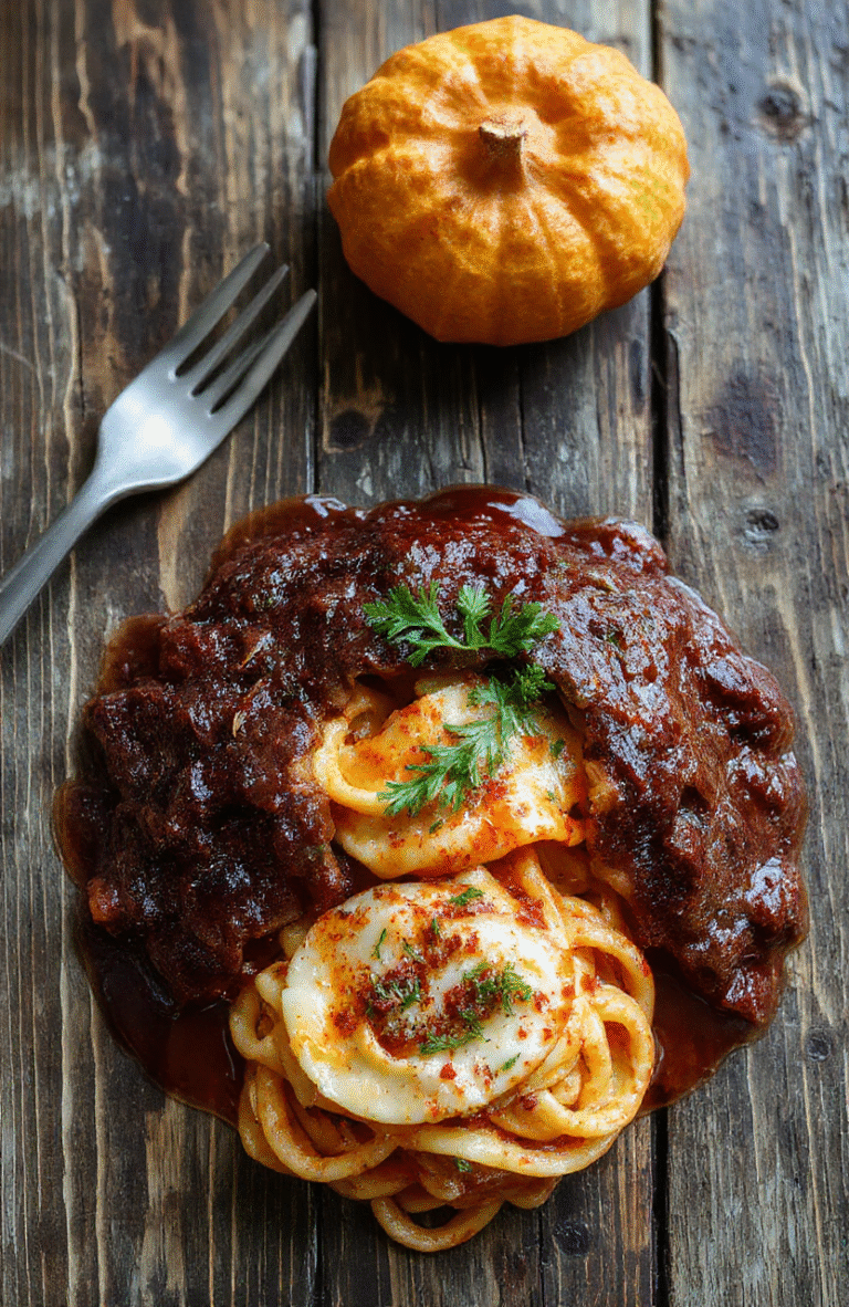 A dramatic plate of upside down pasta on a white plate, melted mozzarella along the edges, rich red marinara visible around the rim, black olive eyes and fresh basil garnish, resting on a dark wood table with autumnal lighting.