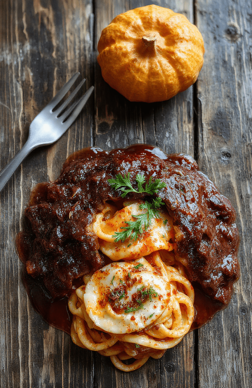 A dramatic plate of upside down pasta on a white plate, melted mozzarella along the edges, rich red marinara visible around the rim, black olive eyes and fresh basil garnish, resting on a dark wood table with autumnal lighting.