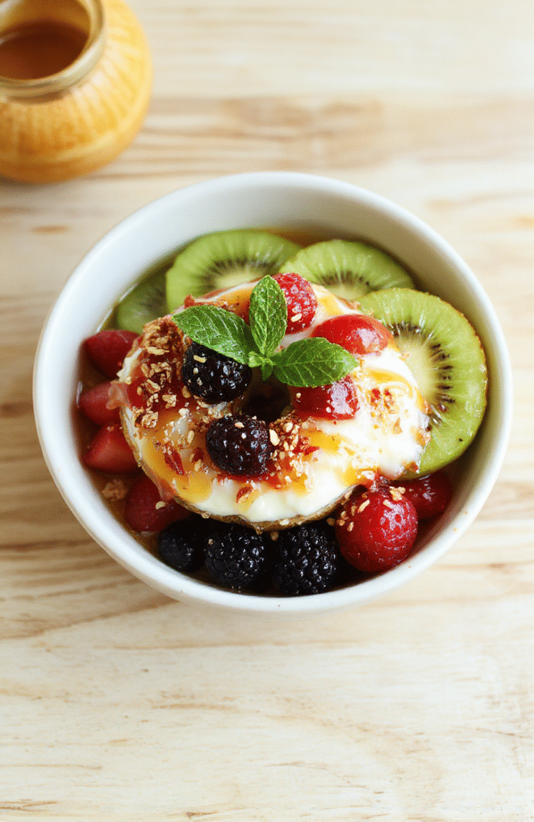 Colorful bagel bowl with sliced rainbow bagels, vanilla yogurt, cream cheese, and an array of berries and banana on a light wooden board with a fresh mint garnish, featuring textures from creamy to crunchy and a glossy honey drizzle.