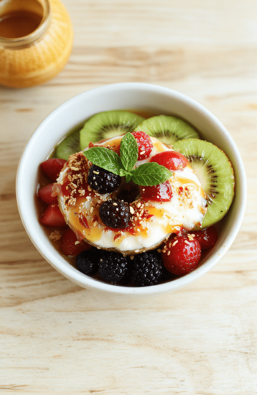 Colorful bagel bowl with sliced rainbow bagels, vanilla yogurt, cream cheese, and an array of berries and banana on a light wooden board with a fresh mint garnish, featuring textures from creamy to crunchy and a glossy honey drizzle.
